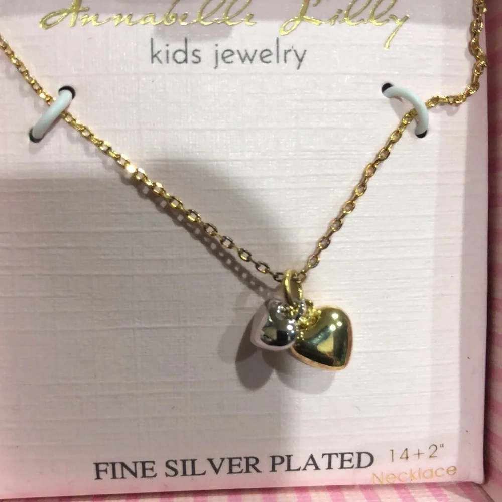 Fine silver plated silver and gold puffy heart pendant 14”‎ kids necklace new